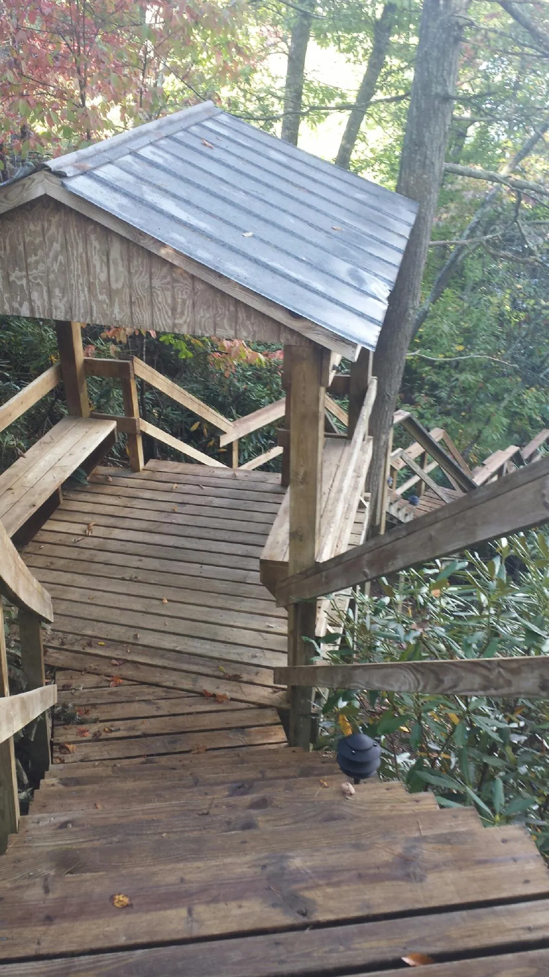 Metal roofed shelter over wooden steps on a wooded walkway — Skylight Repair & Installation work by our crew in Erwin